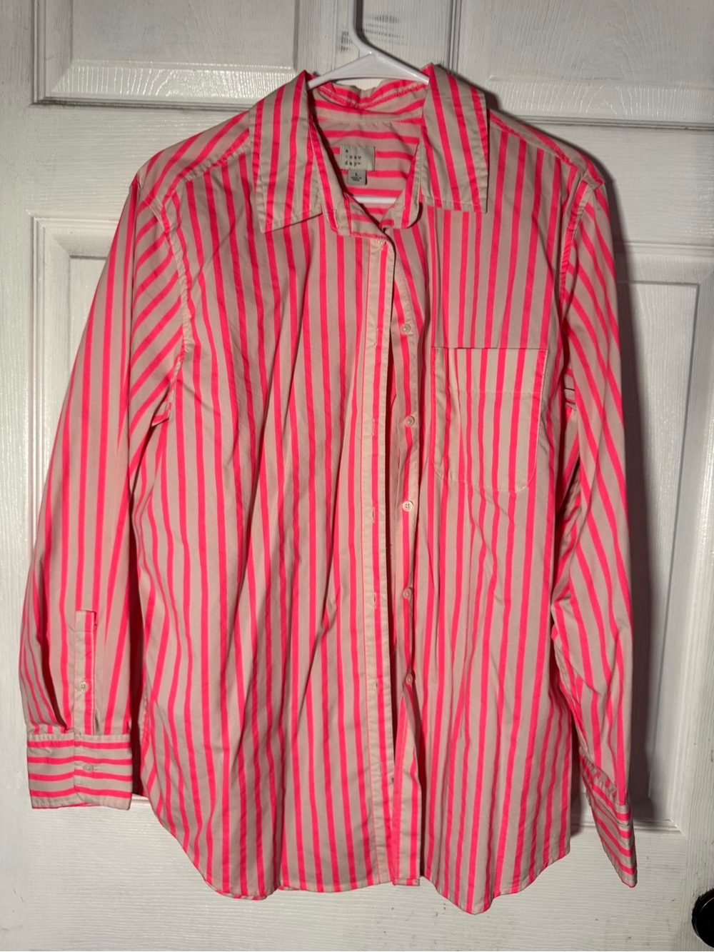 Ladies Pink & White Striped Button-Down Shirt